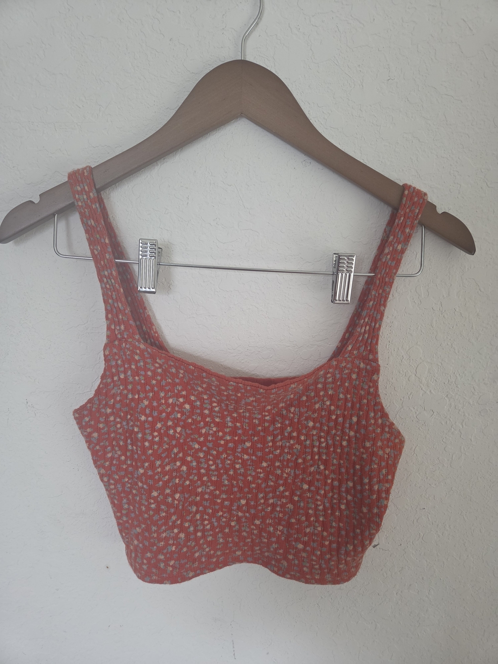 American Eagle XS Floral Pointelle Ribbed Crop Tank Top Red Blue Ditsy Print